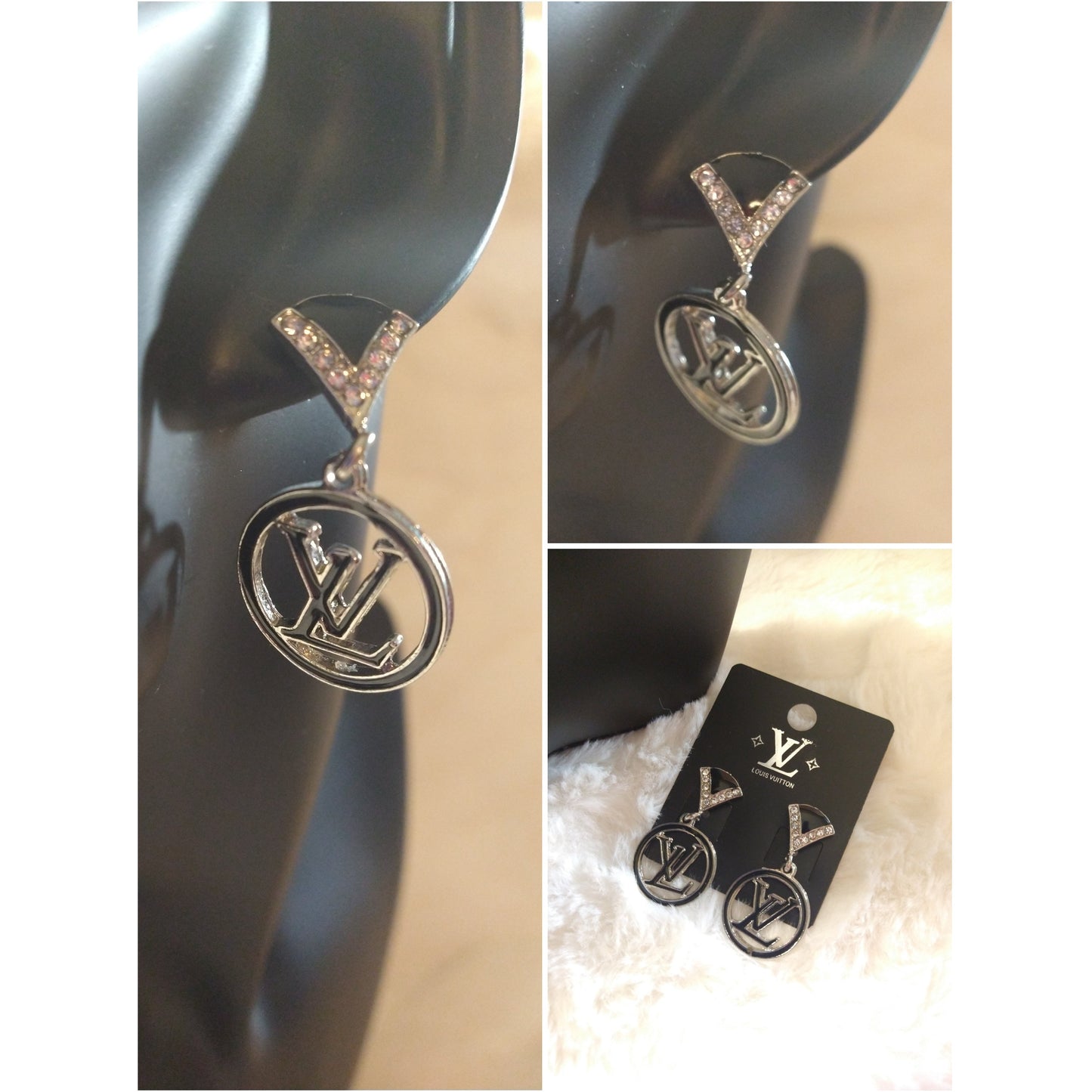 Luxury Fashion Rhinestone Black Monogram Earrings