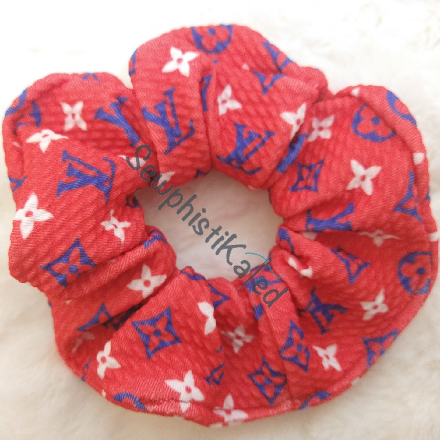 Blue & White on Red Monogram Bougie Headbands & Scrunchies