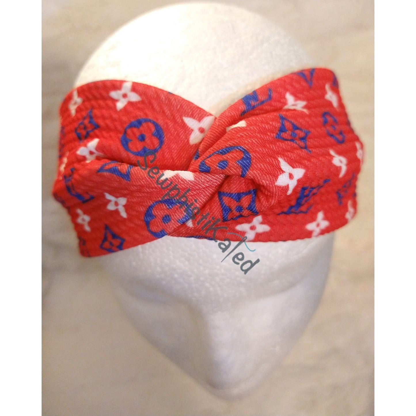 Blue & White on Red Monogram Bougie Headbands & Scrunchies