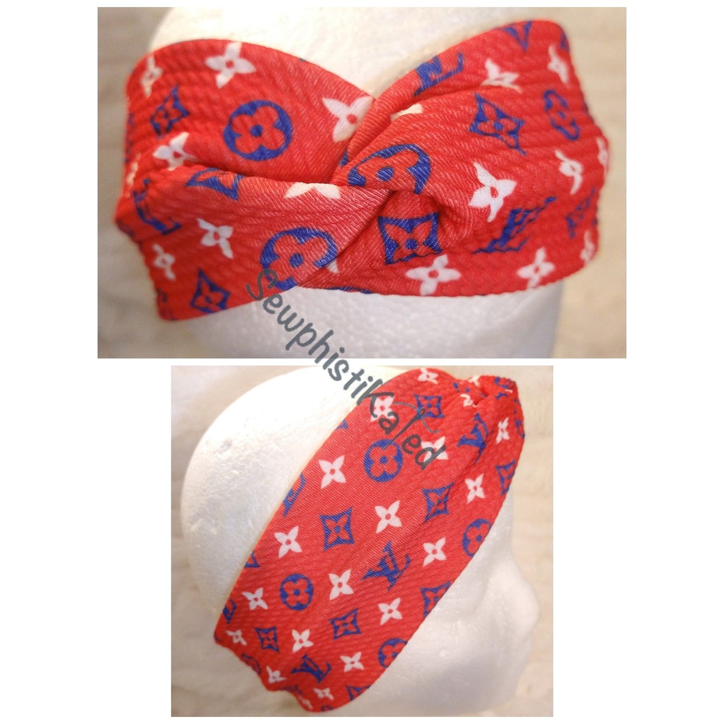 Blue & White on Red Monogram Bougie Headbands & Scrunchies