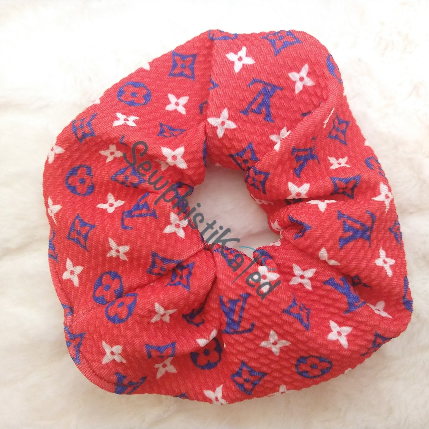 Blue & White on Red Monogram Bougie Headbands & Scrunchies