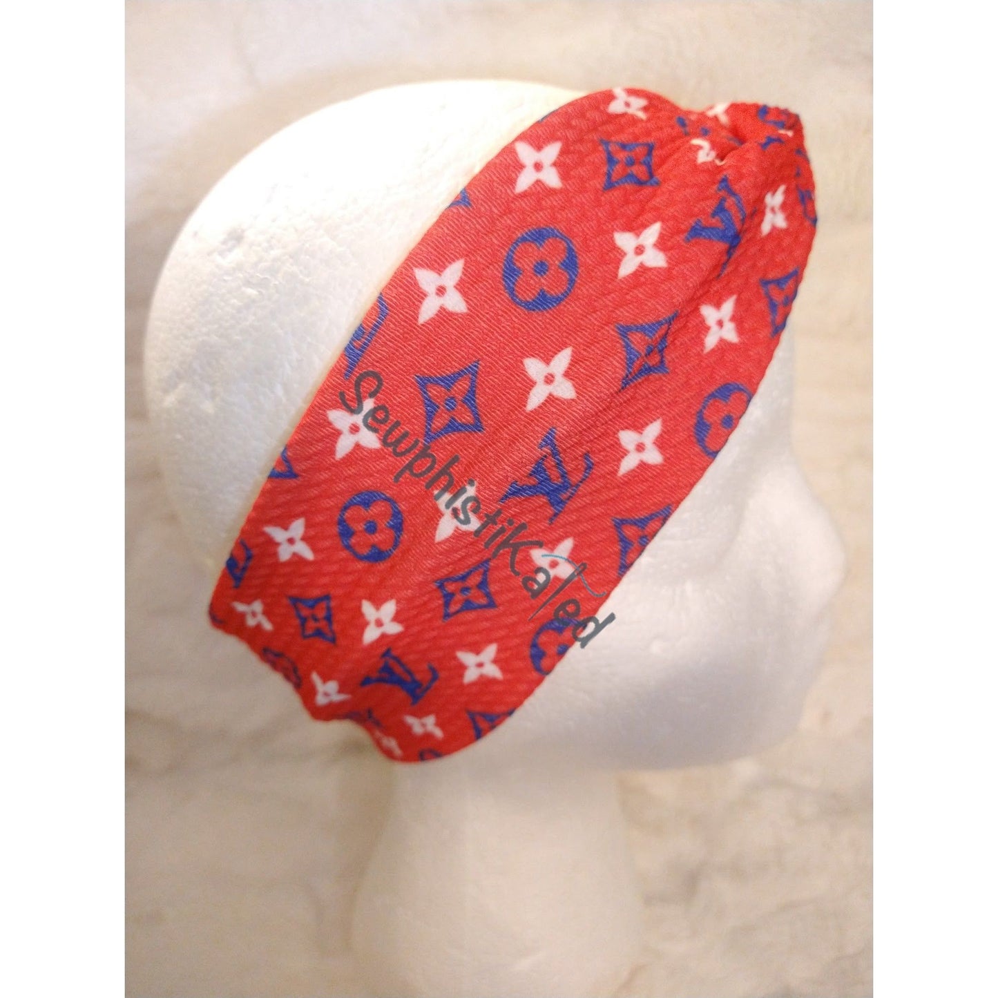Blue & White on Red Monogram Bougie Headbands & Scrunchies