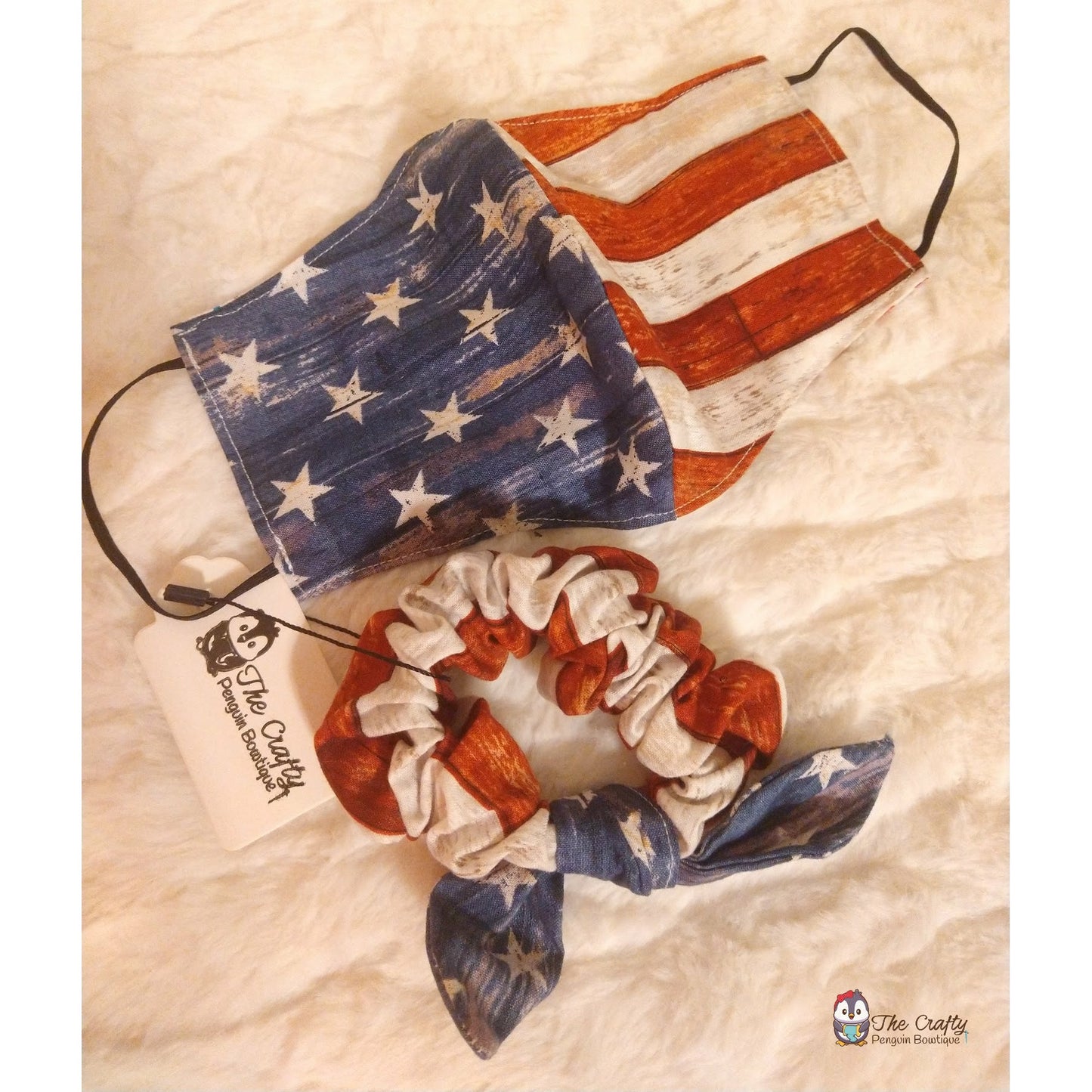 American Flag Face Mask & Knotted Bow Scrunchie Set